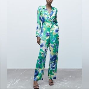 NWOT Zara Floral Satin Jumpsuit in Green, Yellow, and Blue. Size Small